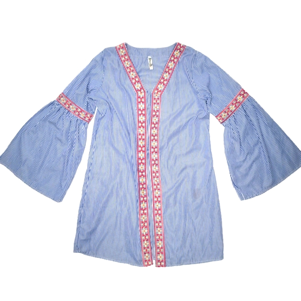 Shoreline bell sleeve open front jacket cartigan embroidered stripes small